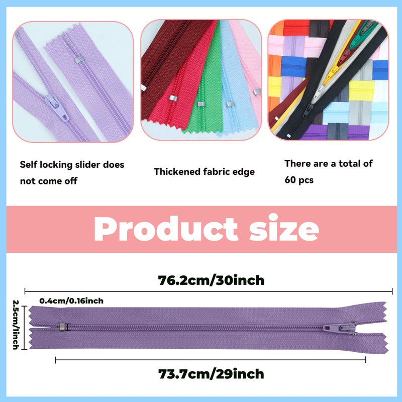 YAKA 60 Pack of 29 Inches Mix Nylon Coil Zippers Bulk - Supplies Zippers for Tailor Sewing Crafts (20 Color) - Image 2